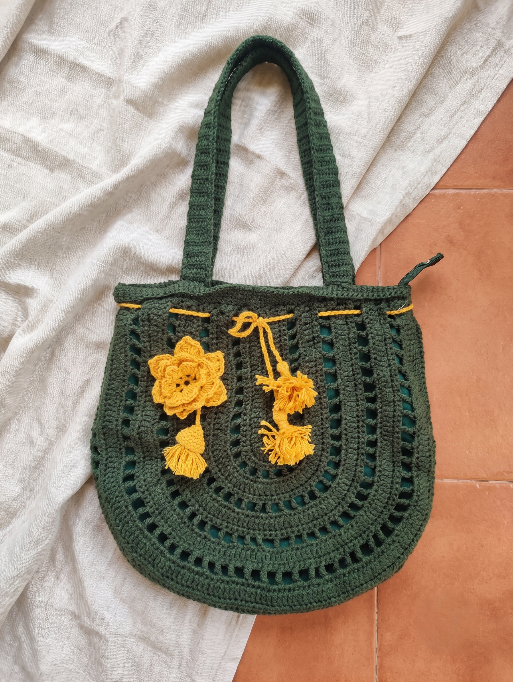 Emerald Floral Shoulder Tote - Floral Appliqué & Tassels Detail